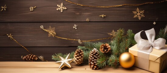 Festive Christmas decoration with gift box pinecones fir branches and golden ornaments on wooden background for holiday design templates