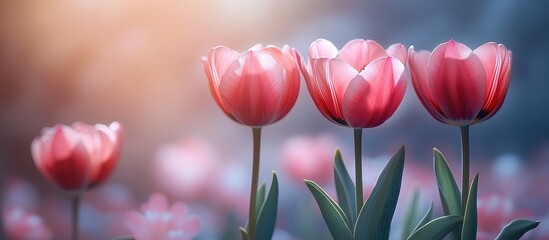 Elegant pink tulips in soft focus against a serene backdrop with space for personalization Ideal for greeting cards or floral designs