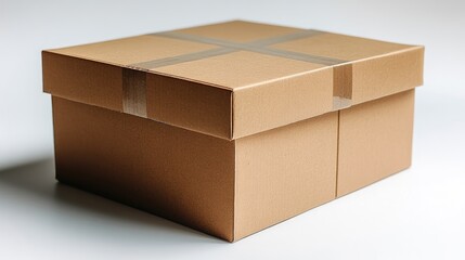 Fototapeta premium Cardboard box with tape sits on a clean surface, awaiting contents for shipping or storage