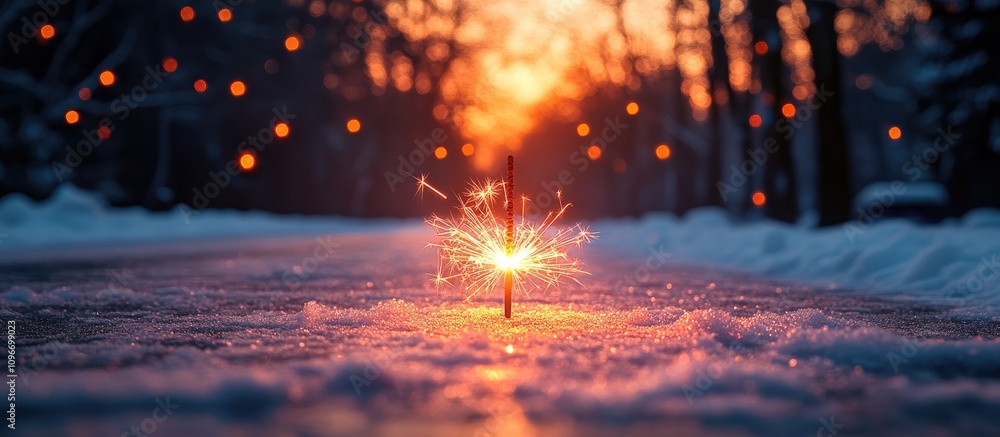 Aufkleber sparkler glowing in the snow at dusk with soft bokeh lights creating a magical winter evening atmosp