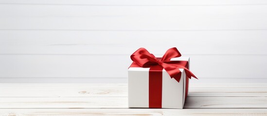 Christmas gift box with red ribbon on white wooden background ideal for holiday promotions or seasonal marketing campaigns