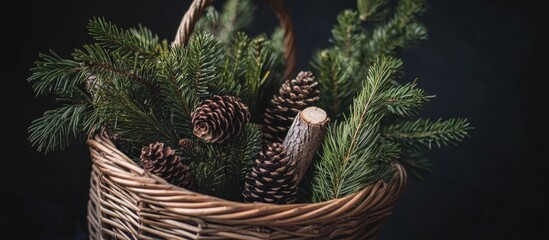 Cozy Christmas decor with wicker basket filled with pine branches cones and firewood on dark background for festive holiday themes