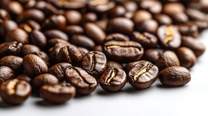 Naklejka premium Dark roasted coffee beans glisten with oils, awaiting the perfect brew for coffee lovers