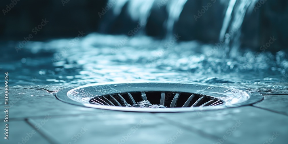Poster a close-up view of a drain in a tiled floor, suitable for use in architectural or construction conte
