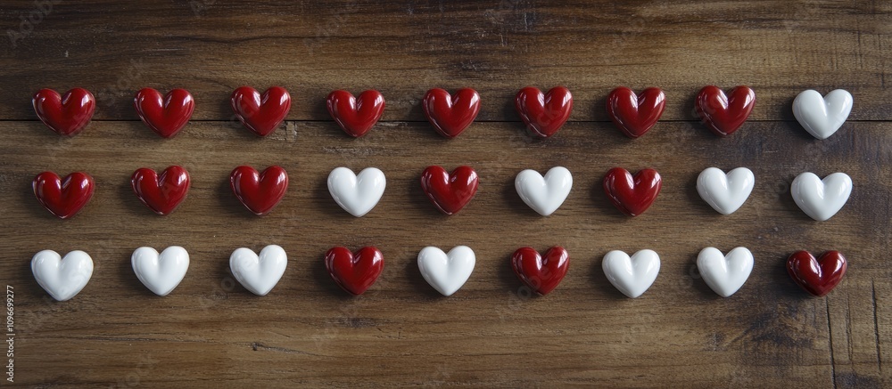 Aufkleber red and white heart shapes arranged on rustic wooden background symbolizing love and relationships w