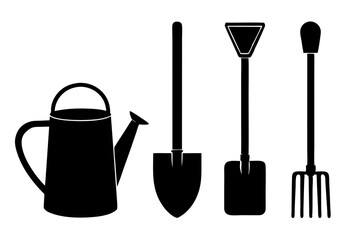 Gardening Tools Silhouette – Spade, Rake, and Watering Can