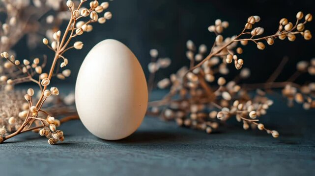 A single white egg sits on a dark blue surface, surrounded by delicate branches of dried flowers.