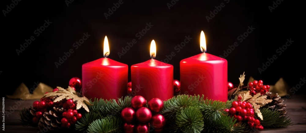 Poster advent wreath with glowing red candles surrounded by festive greenery and ornaments on a dark backgr