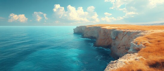 Coastal rock formation with stunning cliffs and serene turquoise waters under a clear sky and soft...