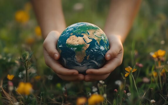 Earth Day concept little hands gently cradling Earth, representing the big heart and commitment to saving the planet with love and care