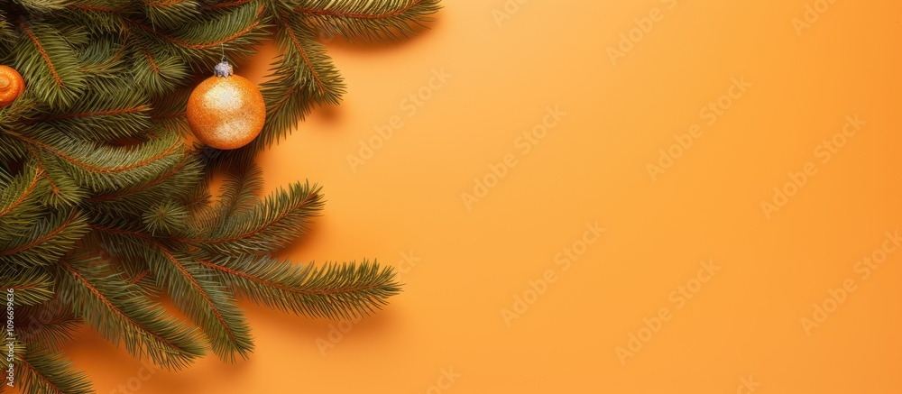 Poster top view of fir tree branches and ornaments on vibrant orange backdrop creating a festive and cheerf