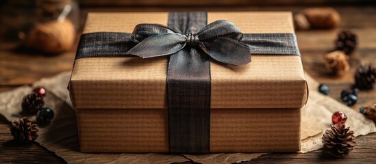 Fototapeta premium Rustic festive gift box wrapped in satin ribbon with decorative accents on aged paper and a wooden background for a cozy holiday feel