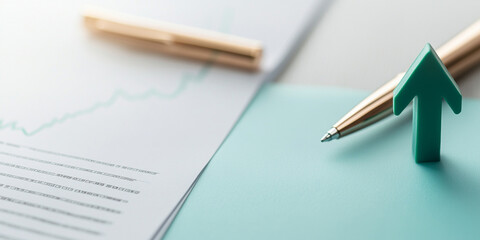 minimalist flat lay featuring green arrow icon, pen, and financial documents, symbolizing growth and progress in business