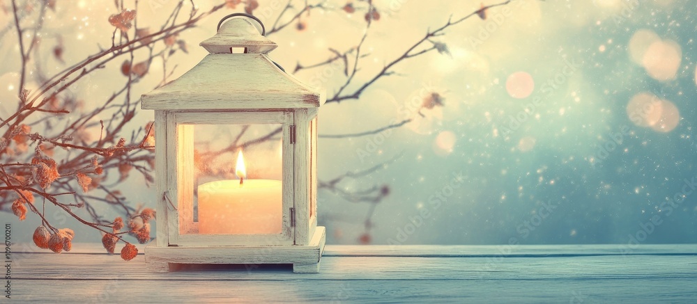Poster vintage wooden lantern with candlelight surrounded by delicate branches on a rustic table in a softl