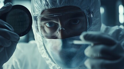 Focused engineer meticulously examines a semiconductor wafer, a critical component in advanced technology.  Precision and innovation meet.