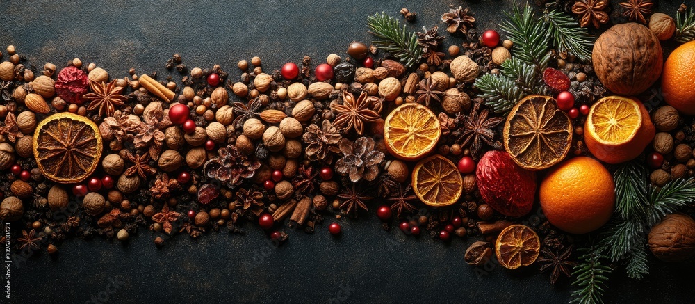 Poster festive composition of nuts dried oranges and spices arranged to resemble a christmas tree on a dark