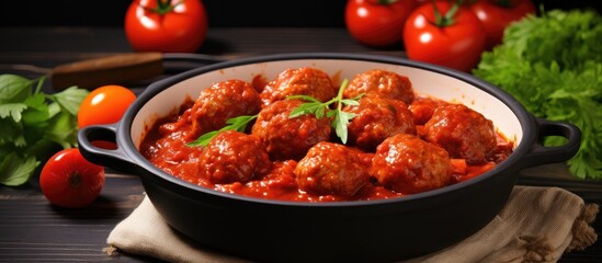 Delicious homemade meatballs in rich tomato sauce garnished with fresh herbs and surrounded by vibrant tomatoes on rustic wooden table