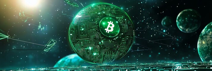 Bitcoin Crypto Coin Anchored to Blockchain Planet with Data Satellites