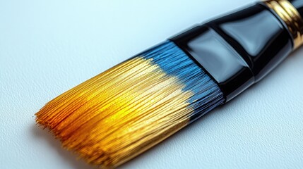 Fototapeta premium A close-up of a paintbrush with stunning golden and blue bristles for creative work