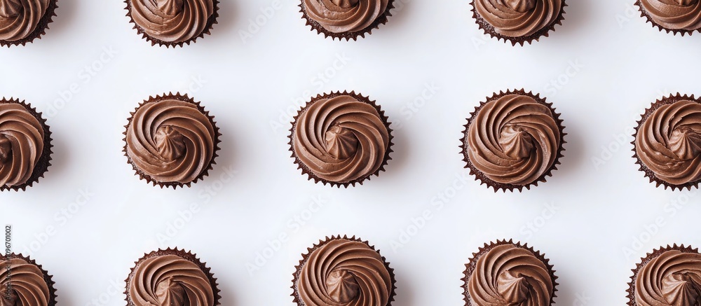 Poster chocolate cupcakes with creamy swirled frosting arranged in a neat pattern on a white background for
