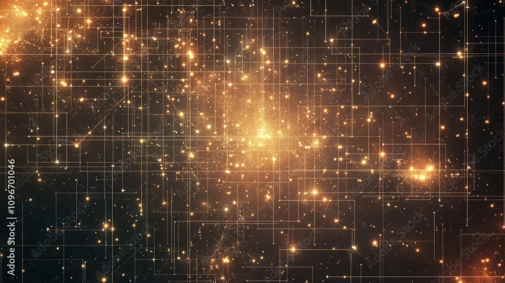 Poster a mesmerizing abstract depiction of a cosmic scene featuring bright stars and intricate grid pattern