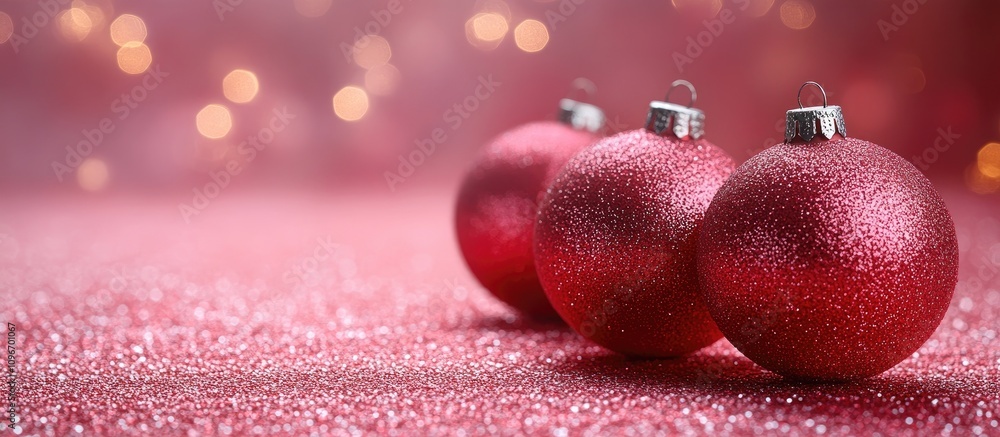 Aufkleber sparkling red christmas ornaments aligned on a pink glittery background with soft bokeh lights creat