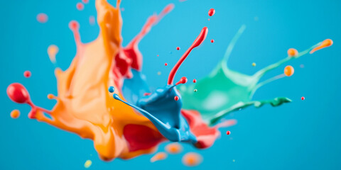 Obraz premium vibrant close up of colorful paint splashes colliding against blue background, creating dynamic and energetic visual. bright colors evoke sense of creativity and excitement