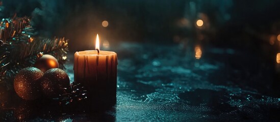 Burning candle with ornaments and tinsel on dark glossy background creating a magical winter atmosphere for New Year celebrations