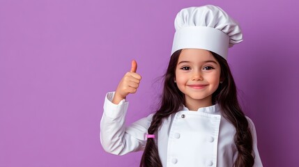 Adorable little chef gives a thumbs-up!  A delightful portrait of culinary dreams.