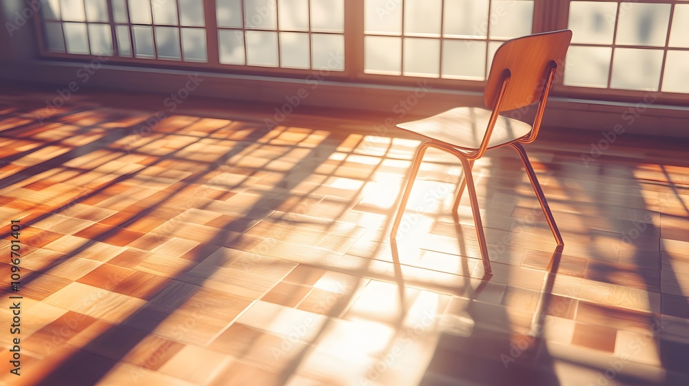 Poster golden hour sunlight streams through a window, casting enchanting shadows on a wooden floor where a 