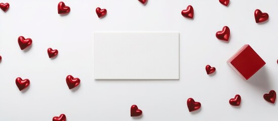 Blank gift card surrounded by red decorative hearts on a white background creating a romantic and festive atmosphere for celebrations