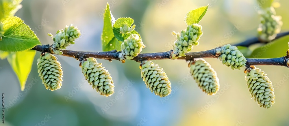 Poster close up of a tree branch with green cones and leaves featuring a natural soft background suitable f