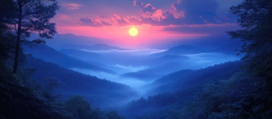 Obraz premium Serene Blue Mountains at Dusk with Vibrant Sunset and Misty Valleys Capturing Nature's Tranquil Beauty and Atmospheric Depth