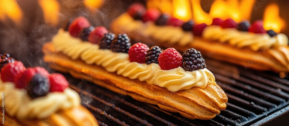 Aufkleber grilled eclairs topped with butter cream and fresh berries creating a tempting dessert display with 