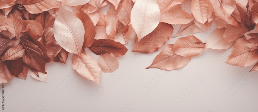 Poster flatlay arrangement of elegant rose gold fall leaves with a clean background for customizable text a