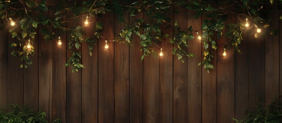Fototapeta premium Electric garland with warm lights and greenery on rustic wooden background creating a cozy and inviting ambiance for events and decor.