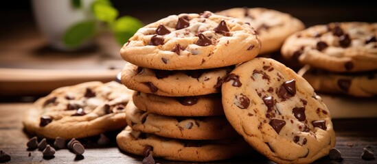 Deliciously baked chocolate chip cookies stacked on a rustic wooden table perfect for dessert menu inspiration.
