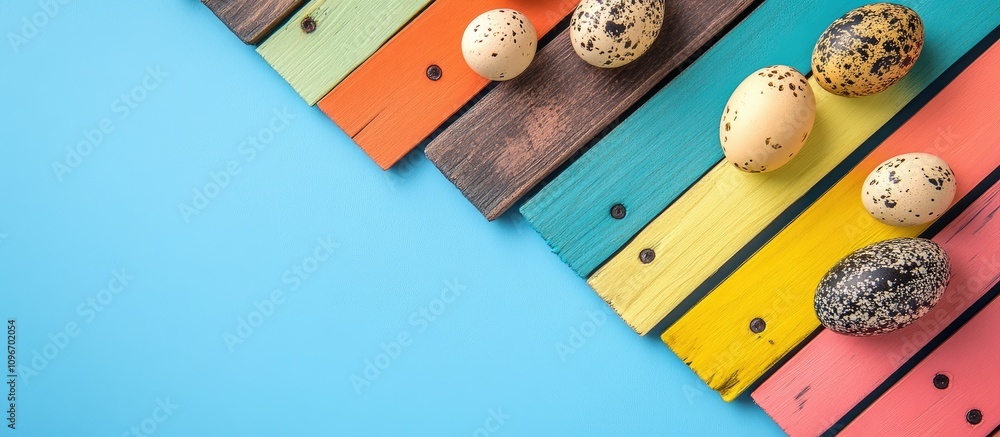Poster quail eggs displayed on vibrant wooden boards in a flat lay arrangement showcasing colorful textures