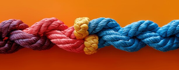 Colorful Rope Braided Diverse Unity Team Work Strength Concept Orange Background Flat Lay Abstract Photography High Resolution