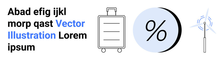 Illustration with a suitcase, percentage symbol in a blue circle, and wind turbine. Ideal for travel, tourism, sustainability, eco-friendly travel, renewable energy, savings, and finance. Landing