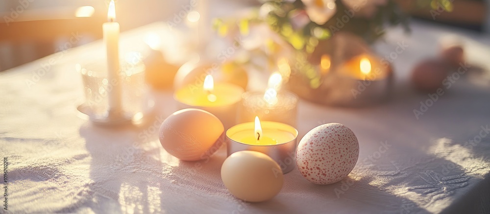 Poster high angle view of colorful easter eggs and candles on a festive table illuminated by soft sunlight 