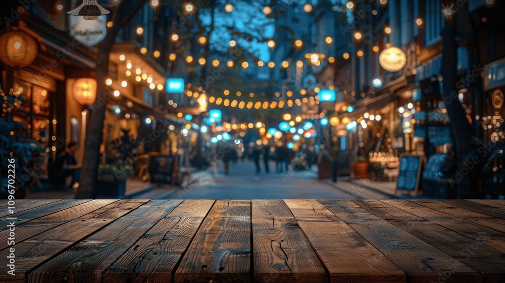 Poster empty rustic wooden table top with bokeh lights background at night for product display or holiday d