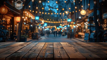 Obraz premium Empty Rustic Wooden Table Top with Bokeh Lights Background at Night for Product Display or Holiday Design Template
