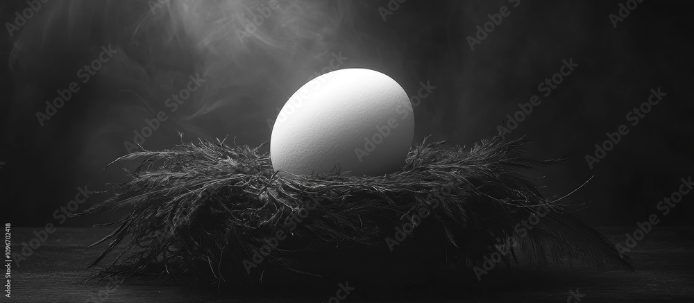 Poster elegant monochrome composition of a white egg in a soft black feather nest creating a mysterious and