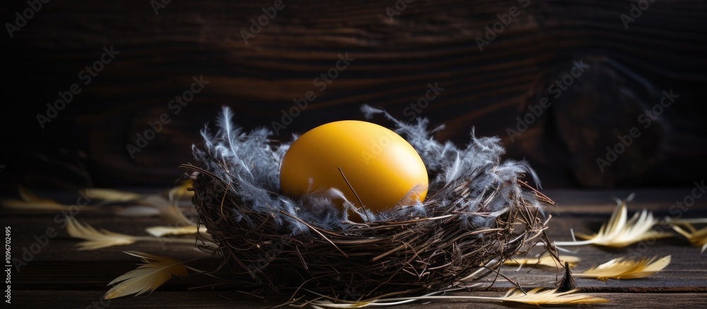 Aufkleber golden egg nestled in a rustic nest with yellow feathers on a dark wooden backdrop creating an invit