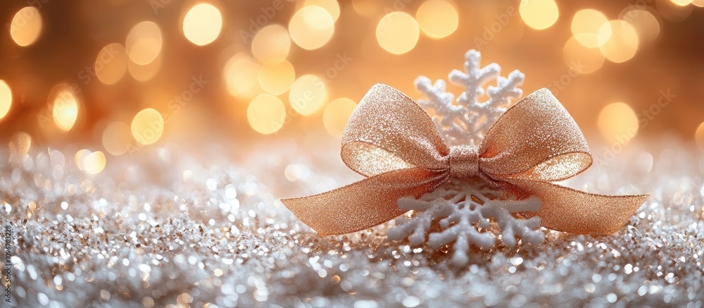 Poster elegant snowflake bow with ribbon on glittering background of soft golden lights