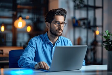 Young Professional Latin Businessman Working on Laptop in Office, Software Developer Typing on Computer, Male Employee in Blue Shirt with Glasses at Desk, Technology Analyst and Programmer