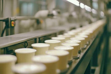 Obraz premium Freshly brewed coffee cups on a moving conveyor belt