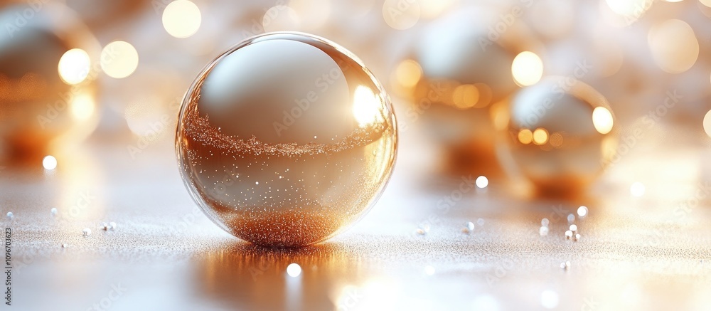 Poster closeup of shimmering golden spheres on a soft white background creating an elegant and festive atmo