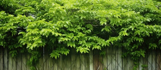 Lush green tree branches gracefully arching over a wooden fence in a serene garden setting